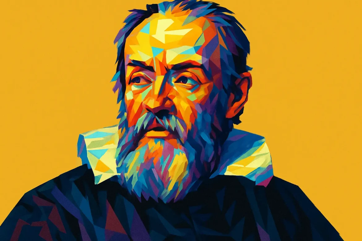 Colorful geometric portrait of Galileo Galilei (1564 – 1642), the renowned Italian astronomer, physicist, and mathematician. Often called the 'father of modern science,' Galilei revolutionized the scientific method and made pioneering observations with the telescope, including the moons of Jupiter and the phases of Venus, challenging the geocentric model of the universe.