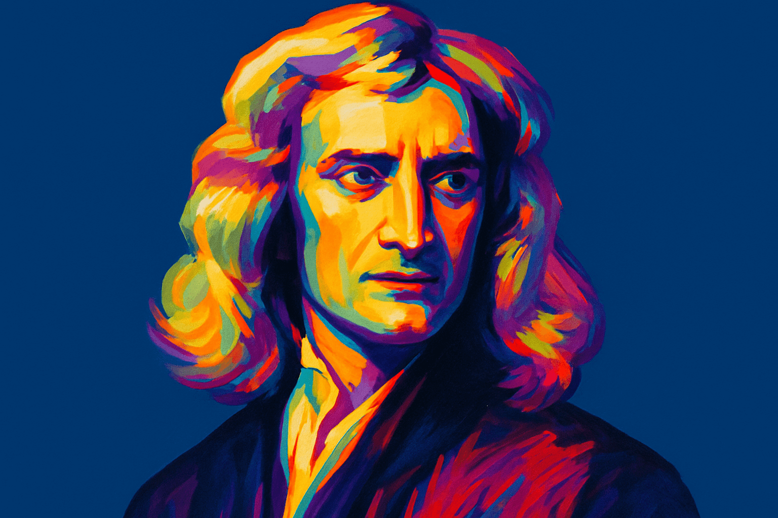 Isaac Newton — renowned English physicist and mathematician, portrayed in a vibrant and colorful style with long flowing hair, wearing period attire against a deep blue background.