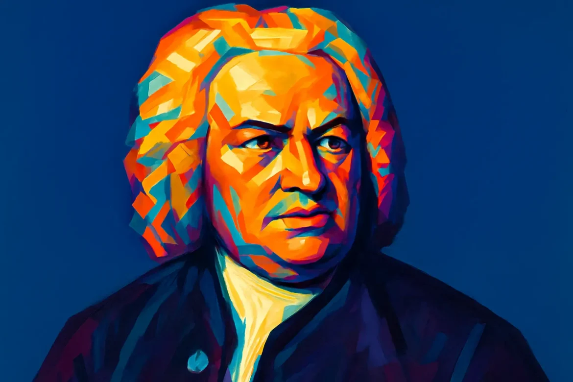 Colorful artistic portrait of Johann Sebastian Bach (1685–1750), legendary German composer and musician of the Baroque period. Renowned for his complex harmonies and masterful compositions, Bach's works, including the Brandenburg Concertos, The Well-Tempered Clavier, and the Mass in B Minor, have had a lasting influence on classical music and are revered for their technical brilliance and emotional depth.
