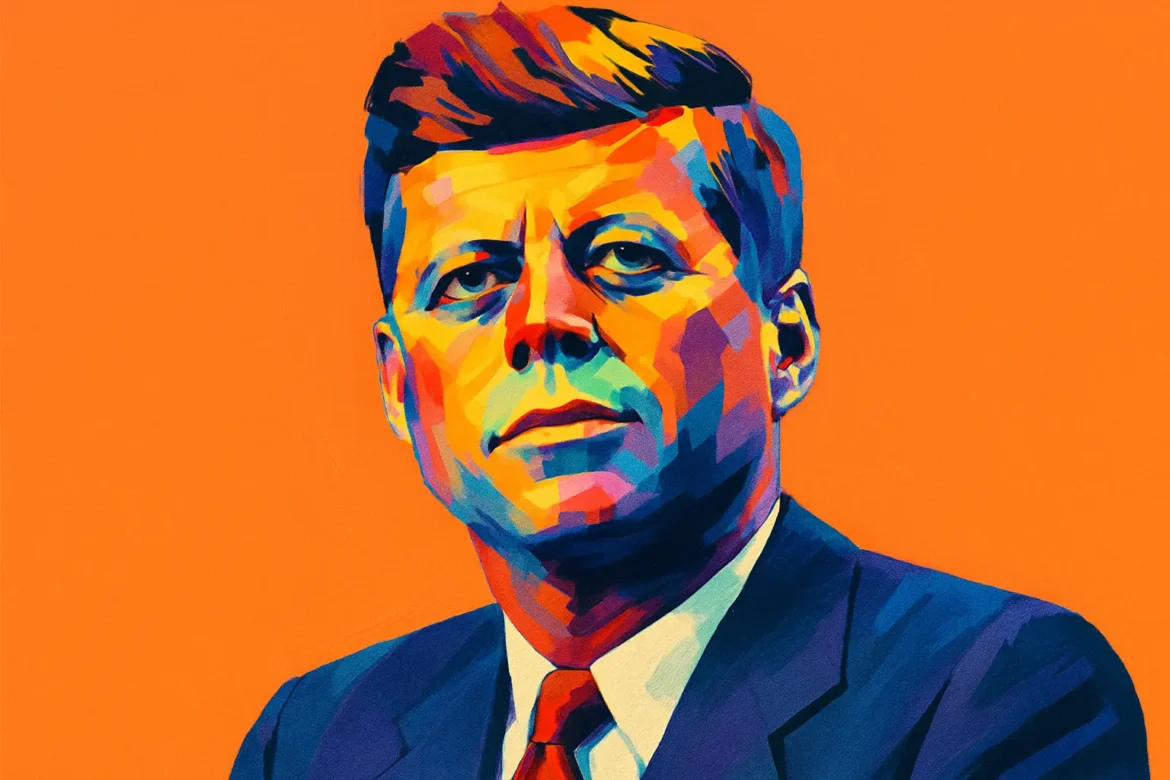 Vibrant and colorful artistic portrait of John F. Kennedy (1917–1963), the 35th President of the United States. Known for his inspirational speeches and leadership during the Cold War, Kennedy played a key role in events such as the Cuban Missile Crisis and the initiation of the Apollo space program. His presidency symbolized a new era of American optimism and progress before his tragic assassination in 1963.