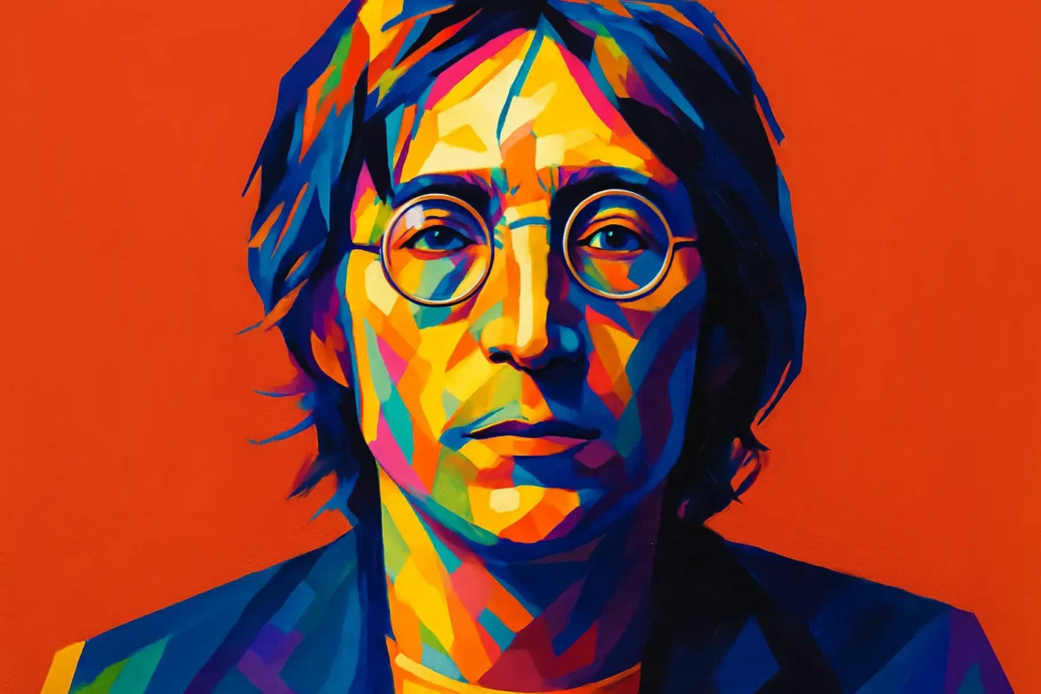 Colorful, geometric-style portrait of John Lennon (1940–1980), iconic British musician, songwriter and peace activist, best known as a founding member of The Beatles. Lennon's profound influence on modern music and his enduring message of peace and love continue to resonate worldwide. His legacy spans generations, not only as an artist but as a cultural and political icon of the 20th century.
