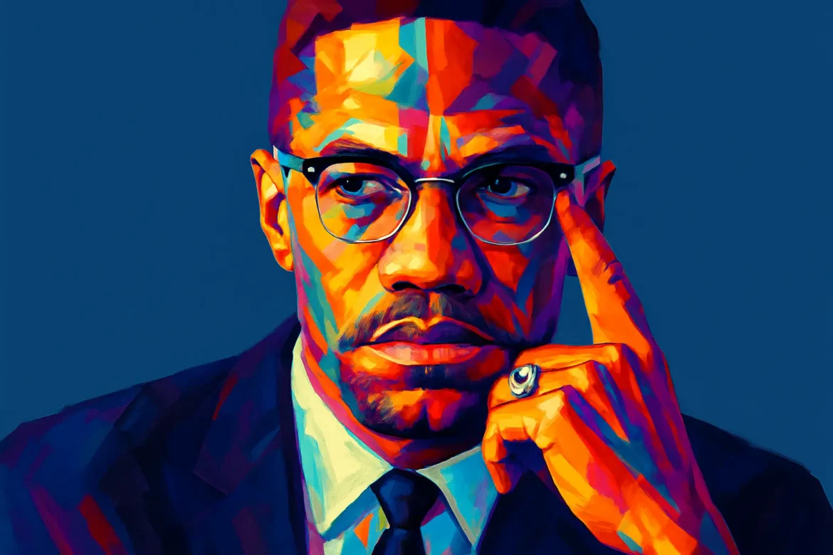 Vibrant and stylized artistic portrait of Malcolm X (1925–1965), a prominent American civil rights activist and a powerful orator known for his advocacy for Black empowerment, human rights, and Pan-Africanism. A key figure in the Nation of Islam before later embracing Sunni Islam, Malcolm X challenged systemic racism and inspired generations with his unwavering stance on justice, dignity, and self-determination for African Americans.