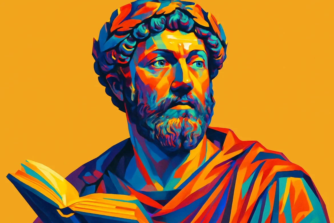 Retrato artístico multicolorido de Marco Aurélio (121 – 180 d.C.), imperador romano conhecido por seu governo sábio e sua dedicação à filosofia estóica. A imagem o representa com coroa de louros e um livro aberto, simbolizando seu papel como líder intelectual e autor da obra 'Meditações', um dos textos mais influentes do pensamento estoico. Esta representação vívida destaca sua importância histórica como um dos últimos 'bons imperadores' de Roma e um exemplo de filósofo-rei.