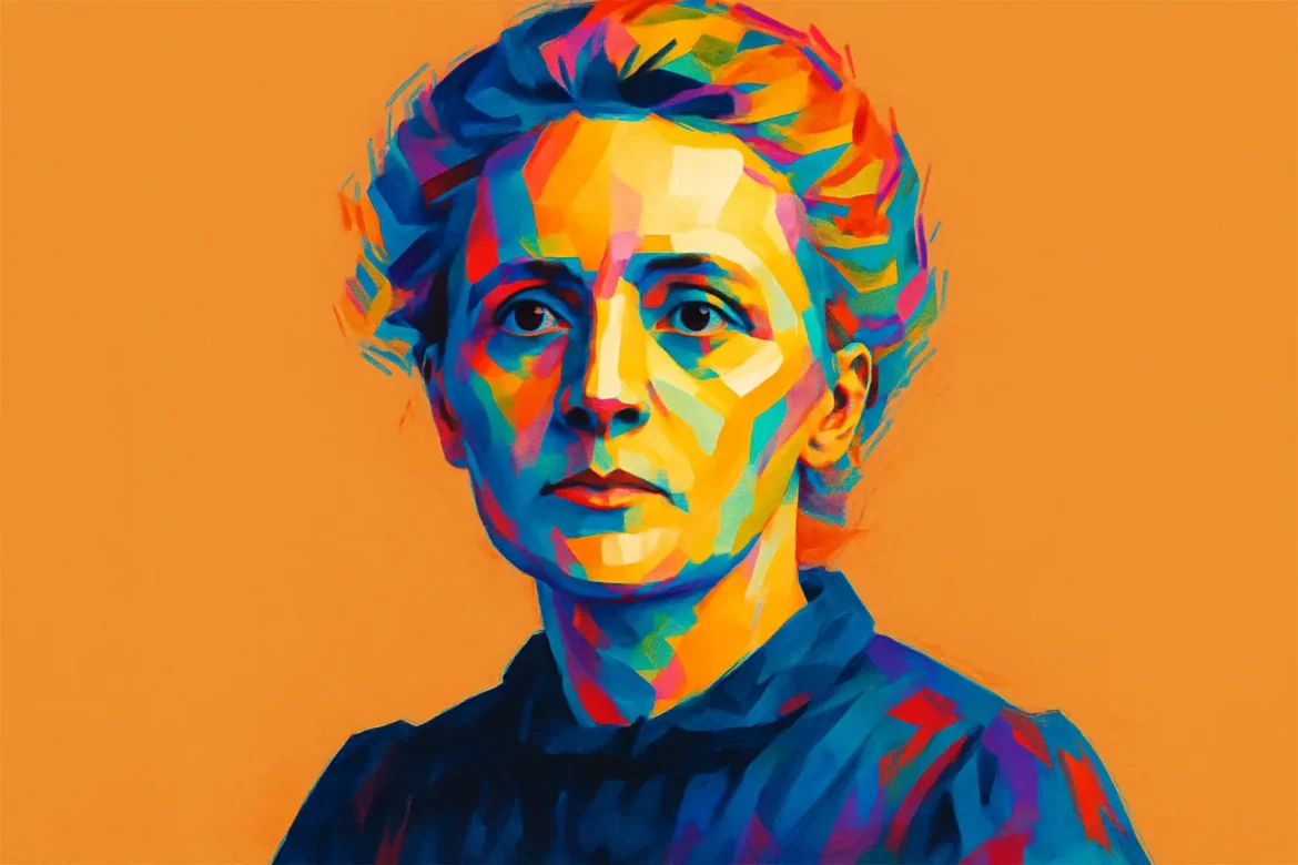 Vibrant, colorful portrait of Marie Curie (1867–1934), renowned Polish-French physicist and chemist. She was the first woman to win a Nobel Prize and remains the only person to receive Nobel honors in two different scientific fields—Physics and Chemistry. Curie’s groundbreaking research on radioactivity laid the foundation for modern nuclear science and medicine.