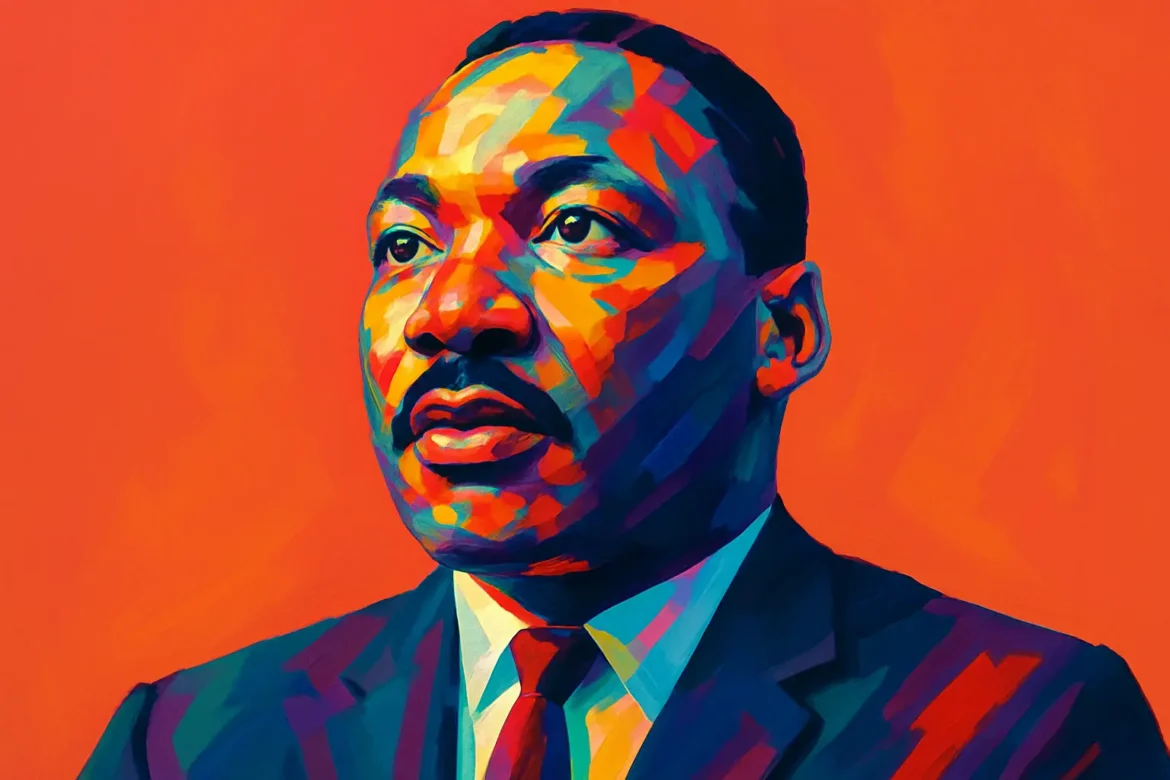 Vibrant and colorful artistic portrait of Martin Luther King Jr. (1929–1968), a pivotal leader in the American civil rights movement. Known for his commitment to nonviolence and equality, King played a central role in advancing civil rights through peaceful protest. He is best remembered for his iconic 'I Have a Dream' speech delivered during the 1963 March on Washington, and his enduring legacy continues to inspire movements for justice and human rights around the world.