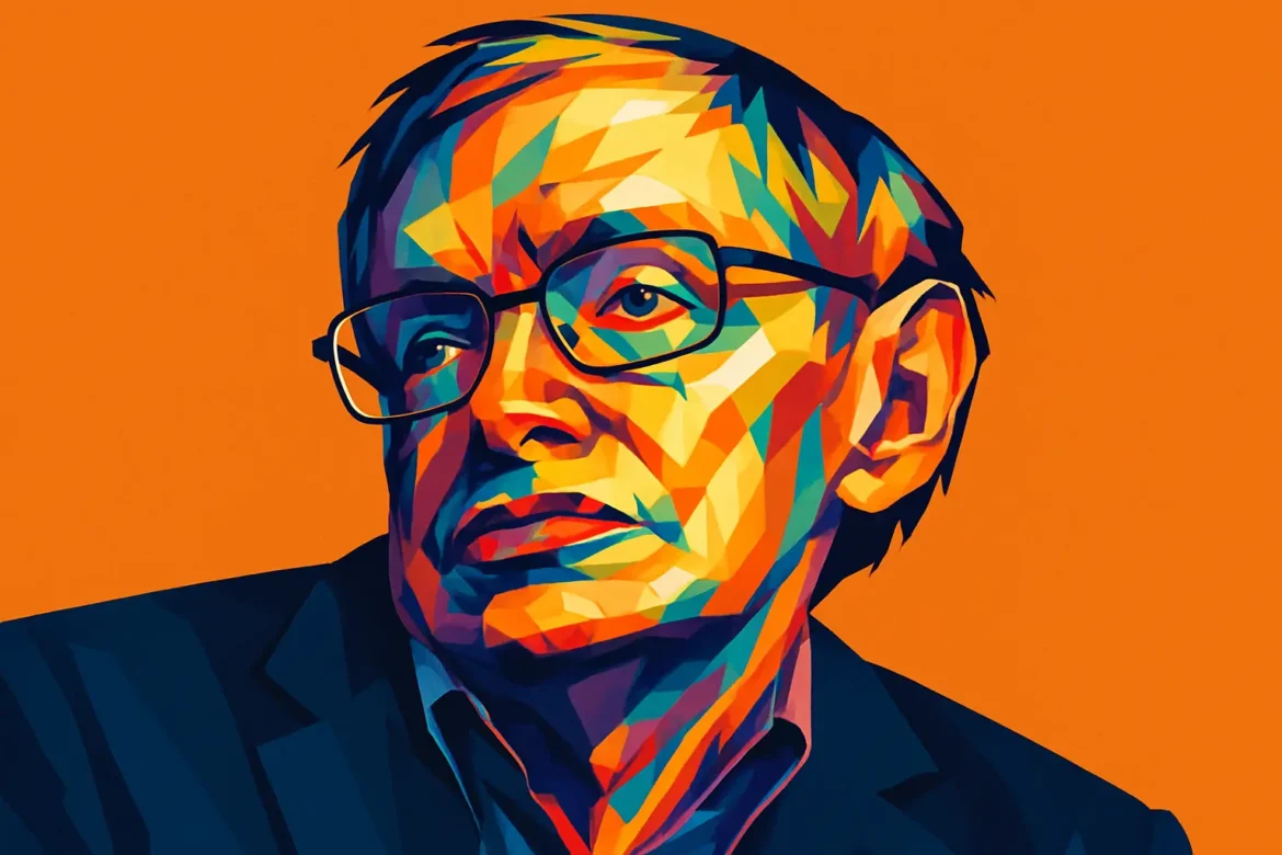 Vibrant, geometric-style portrait of Stephen Hawking (1942 – 2018), renowned British theoretical physicist, cosmologist, and author. Known for his groundbreaking work on black holes, general relativity, and quantum mechanics, Hawking overcame the challenges of ALS to write the internationally acclaimed book 'A Brief History of Time'. His legacy continues to inspire curiosity and scientific exploration across the globe.