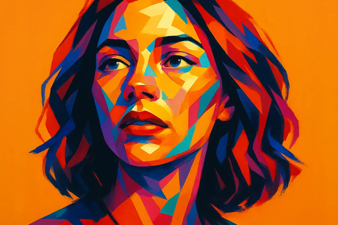 Vivid and expressive digital artwork of a young woman portrayed through vibrant geometric shapes and bold color contrasts. Set against an intense orange background, the portrait captures a contemplative gaze rendered in a modern pop-art style, evoking emotions tied to love and introspection—beautifully resonating with the theme of romantic declarations.