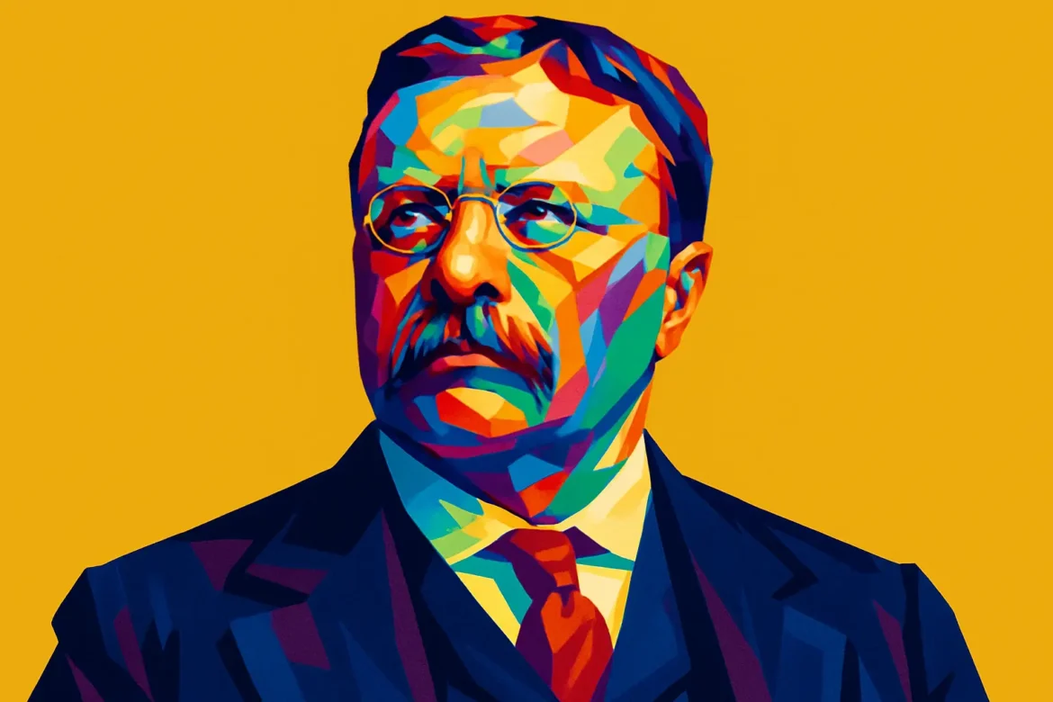 Colorful artistic portrait of Theodore Roosevelt (1858–1919), the 26th President of the United States, known for his progressive reforms, robust foreign policy, and conservation efforts. A dynamic leader and charismatic figure, Roosevelt was instrumental in shaping modern American politics and expanding the role of the federal government. His legacy includes the founding of national parks, the Panama Canal project, and the 'Square Deal' domestic policies.