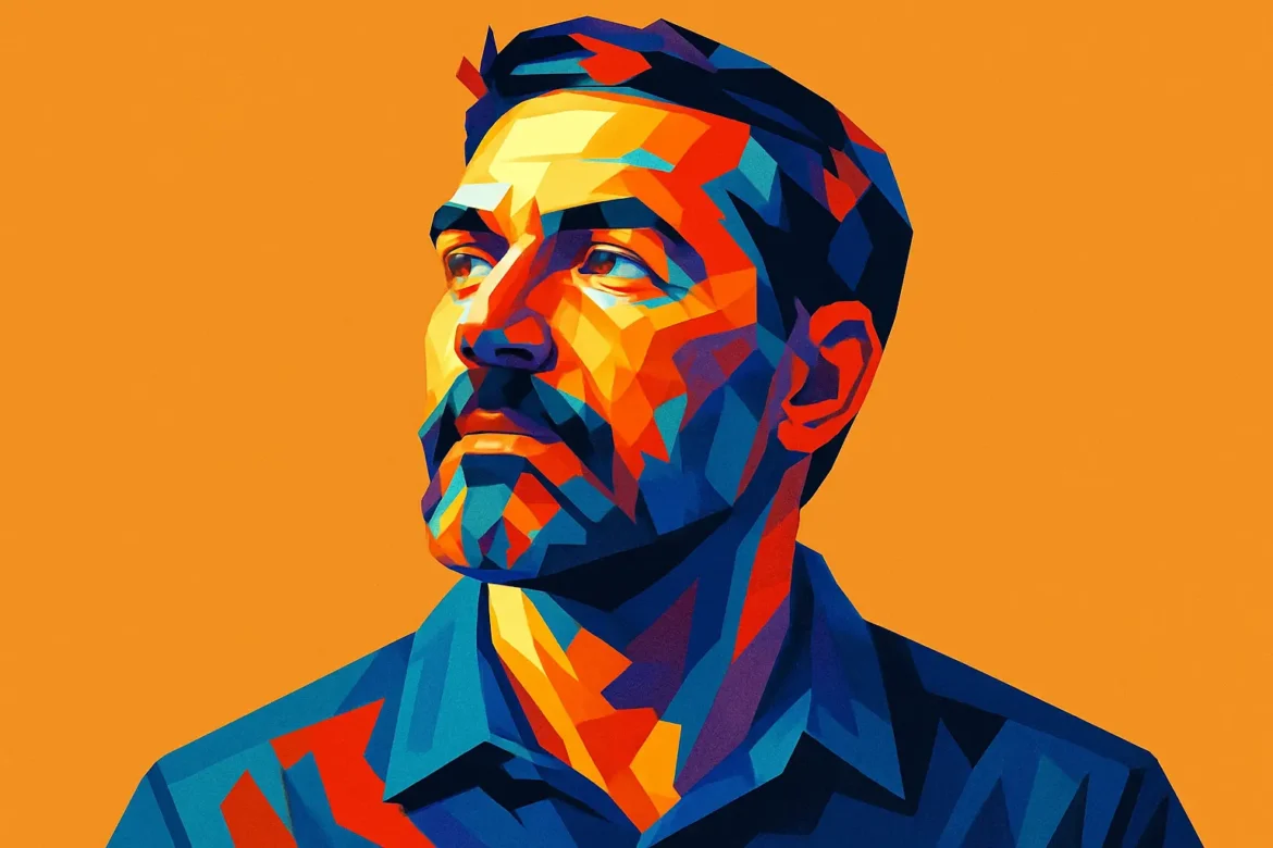 Vivid and expressive digital artwork of a father figure rendered in a geometric, colorful WPAP (Wedha's Pop Art Portrait) style. Set against a bold orange background, the image evokes strength, thoughtfulness, and presence—ideal for a Father's Day tribute celebrating paternal love, guidance, and resilience.