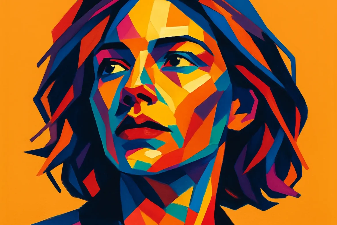 Abstract and colorful digital illustration of a woman, composed of sharp geometric shapes in bold tones of orange, blue, red, and purple. Set against a vivid orange background, the style is reminiscent of modern pop art. The subject stares confidently into the distance, evoking themes of creativity, resilience, and expression—an artistic representation fitting the theme '10 Quotes for Stories', symbolizing the voice and individuality behind every powerful narrative.