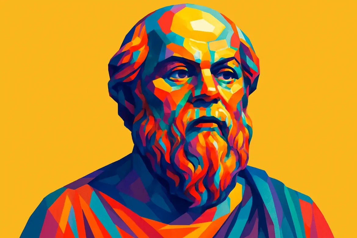 Vibrant and colorful artistic portrait of Socrates (c. 470 – 399 BCE), the classical Greek philosopher who is widely regarded as one of the founding figures of Western philosophy. Known for his method of inquiry and dialogue, Socrates focused on ethical questions and the pursuit of wisdom, famously asserting that 'the only true wisdom is in knowing you know nothing.'