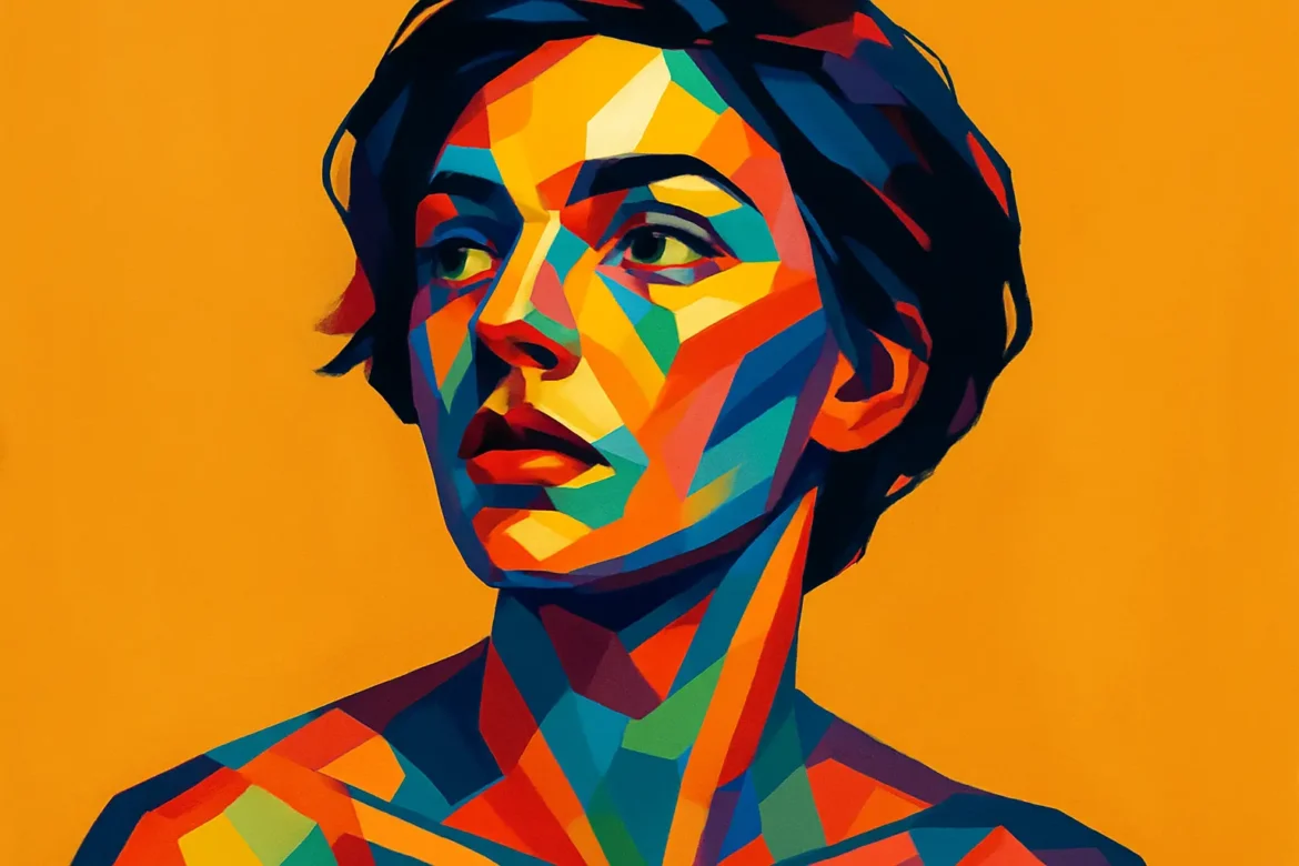Vivid and expressive digital artwork of a woman rendered in a geometric pop-art style, featuring bold, overlapping shapes in a vibrant spectrum of colors. Set against a solid orange background, the composition evokes intensity and emotional depth, fitting for a Valentine’s Day theme that celebrates love, individuality, and artistic expression.