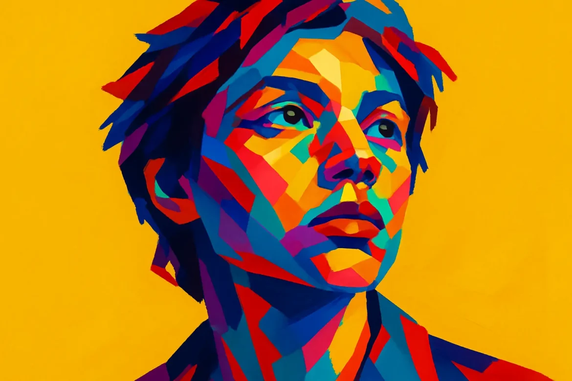 Vivid and expressive digital artwork featuring a stylized portrait of a person gazing thoughtfully into the distance, rendered in bold, fragmented colors on a bright yellow background. The striking color palette and contemplative expression evoke themes of reflection, transformation, and hope—perfectly capturing the spirit of New Year resolutions and fresh beginnings.
