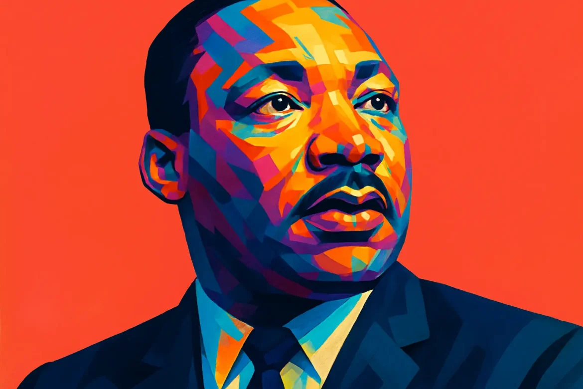 Vibrant and artistic portrait of Martin Luther King Jr. (1929–1968), renowned American civil rights leader and powerful orator, best known for his iconic 'I Have a Dream' speech. This bold, pop-art style image captures King’s resolute expression, symbolizing his unwavering fight for justice, equality, and nonviolent resistance. His legacy continues to inspire generations to dream of a better, more inclusive world.