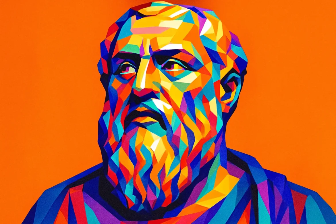 Colorful geometric portrait of Plato (c. 428/427 – c. 348/347 BCE), one of the most influential philosophers of ancient Greece. A student of Socrates and teacher of Aristotle, Plato founded the Academy in Athens and wrote timeless works on knowledge, politics, ethics, and metaphysics. His contributions laid the foundation for Western philosophical thought, emphasizing the pursuit of truth through reason and philosophical inquiry.
