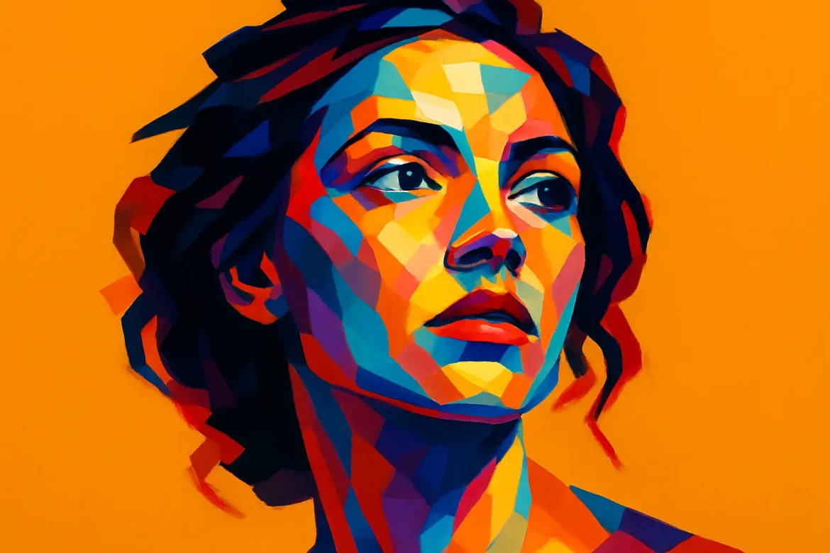 Vibrant and expressive digital artwork of a woman in geometric, multicolored patterns set against a bright orange background. This striking portrait evokes themes of celebration, self-expression, and personal growth—perfectly capturing the spirit of birthdays and the beauty of embracing one's unique identity.