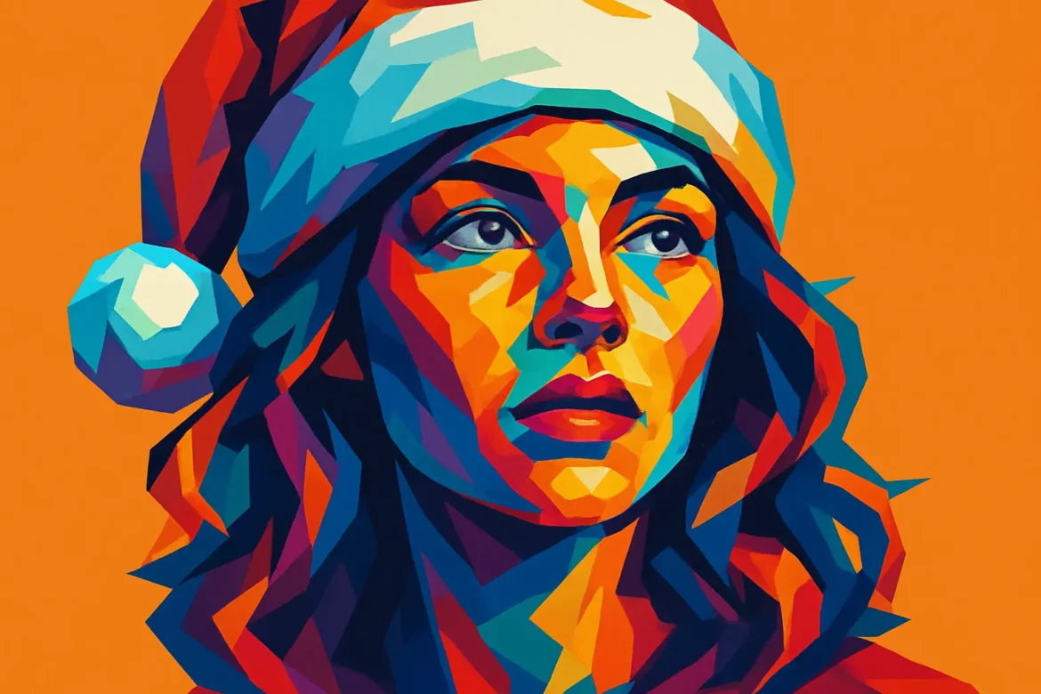 Vibrant and stylized digital portrait of a woman wearing a red and white Santa hat, created in a colorful polygonal art style. The warm tones and expressive look capture the festive spirit of Christmas, blending modern artistic expression with holiday tradition.
