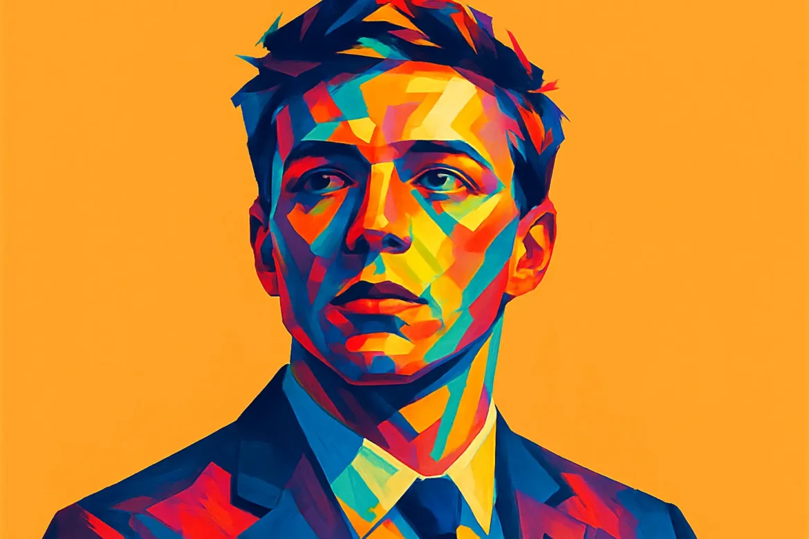 A striking and vivid pop-art style illustration of a young professional, depicted in a colorful palette against a solid orange background. Dressed in a suit and tie, the individual gazes confidently into the distance, embodying ambition and determination — qualities that resonate with inspirational leadership and career growth often celebrated on LinkedIn.