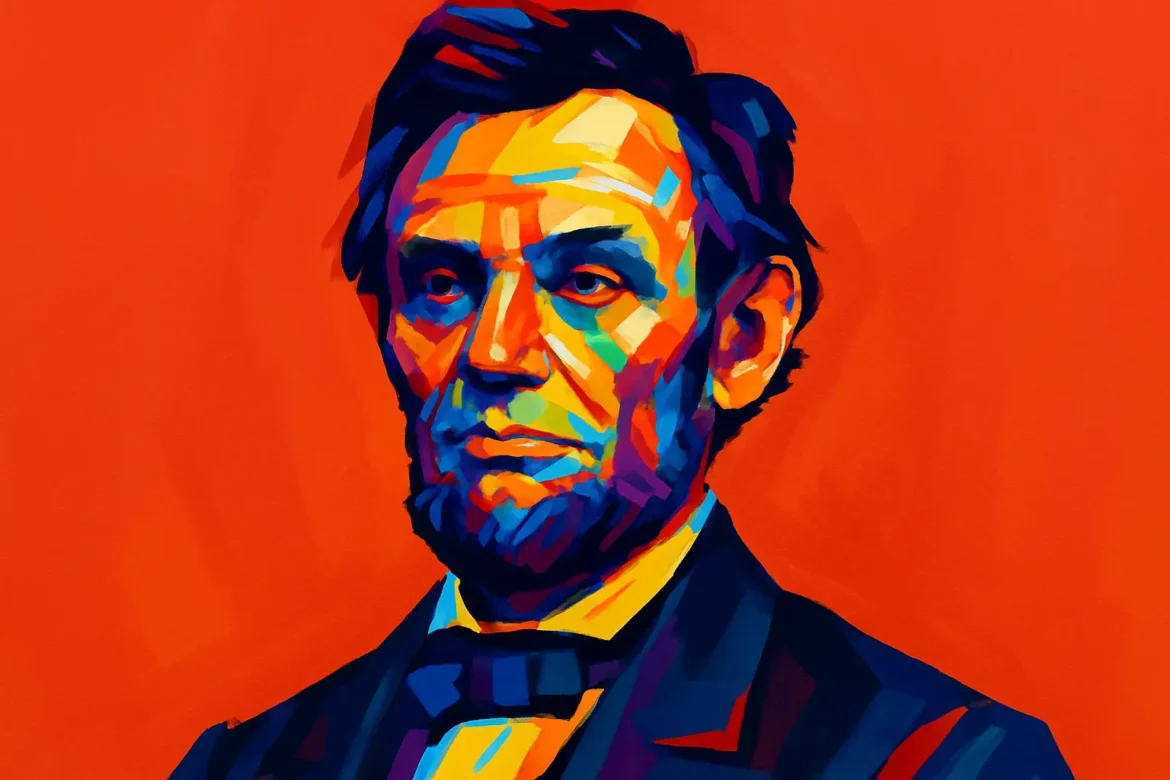 Colorful digital portrait of Abraham Lincoln (1809–1865), the 16th President of the United States, renowned for leading the nation during the Civil War and for his enduring commitment to justice, equality, and the abolition of slavery. This artwork visually captures the gravity of Lincoln's legacy, aligning with his powerful words on justice that continue to inspire generations.