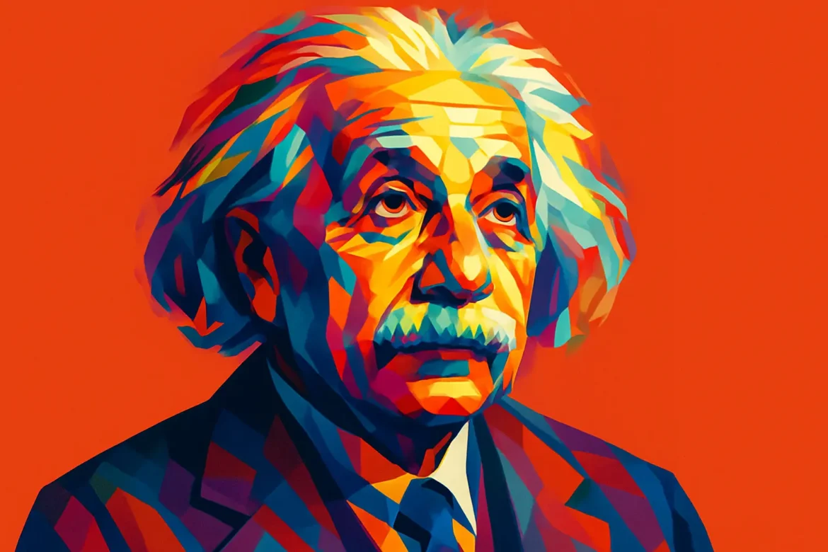 Vivid and colorful artistic portrait of Albert Einstein (1879–1955), the German-born theoretical physicist renowned for developing the theory of relativity. This modern pop-art depiction emphasizes Einstein’s creative spirit and imaginative mind with bold, abstract colors on a vibrant orange background, highlighting his belief that 'Imagination is more important than knowledge.'