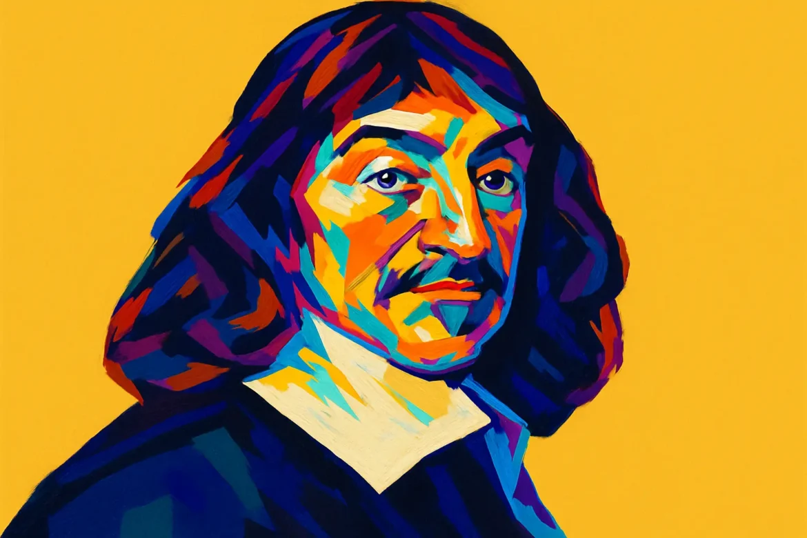 Vividly colored artistic portrait of René Descartes (1596–1650), the French philosopher and mathematician widely regarded as the father of modern philosophy. Known for the statement 'Cogito, ergo sum' ('I think, therefore I am'), Descartes emphasized reason as the foundation of knowledge and laid the groundwork for the scientific method and rationalist thought.