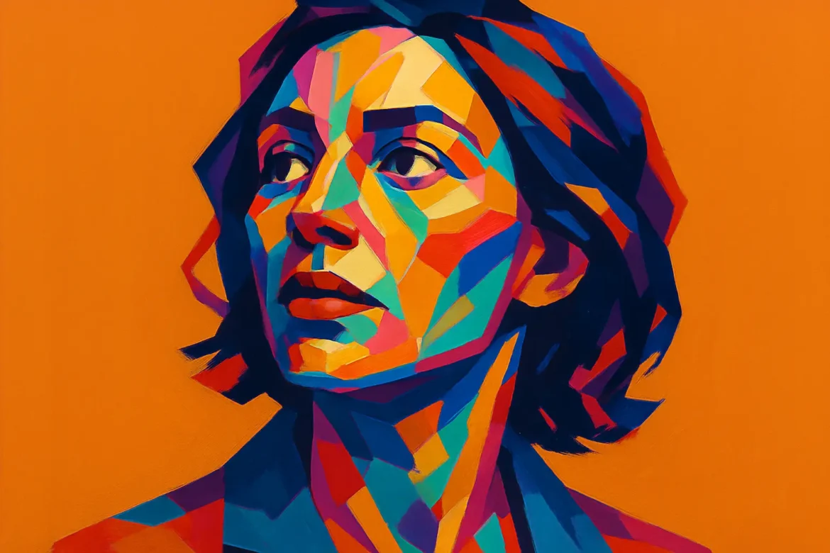 Vivid, multicolored artistic portrait of a woman gazing to the side, her expression contemplative and serene. Set against a solid orange background, the image uses bold geometric shapes and vibrant colors to symbolize the multifaceted nature of knowledge and introspection. The visual style reflects themes of intellectual depth and inner inquiry, resonating with the theme of '25 Quotes on Knowledge'.