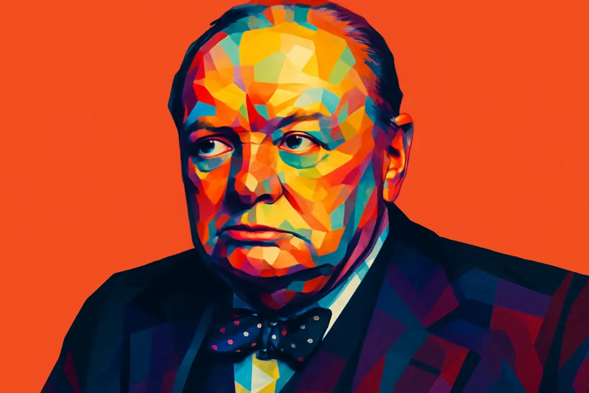 Vibrant geometric portrait of Winston Churchill (1874–1965), former British Prime Minister and one of the most influential leaders of the 20th century. Known for his unwavering resolve during World War II, Churchill's speeches on courage and resilience inspired a nation under siege. This artwork captures his iconic presence with a modern, colorful interpretation, reflecting the enduring power of his words and leadership in the face of adversity.