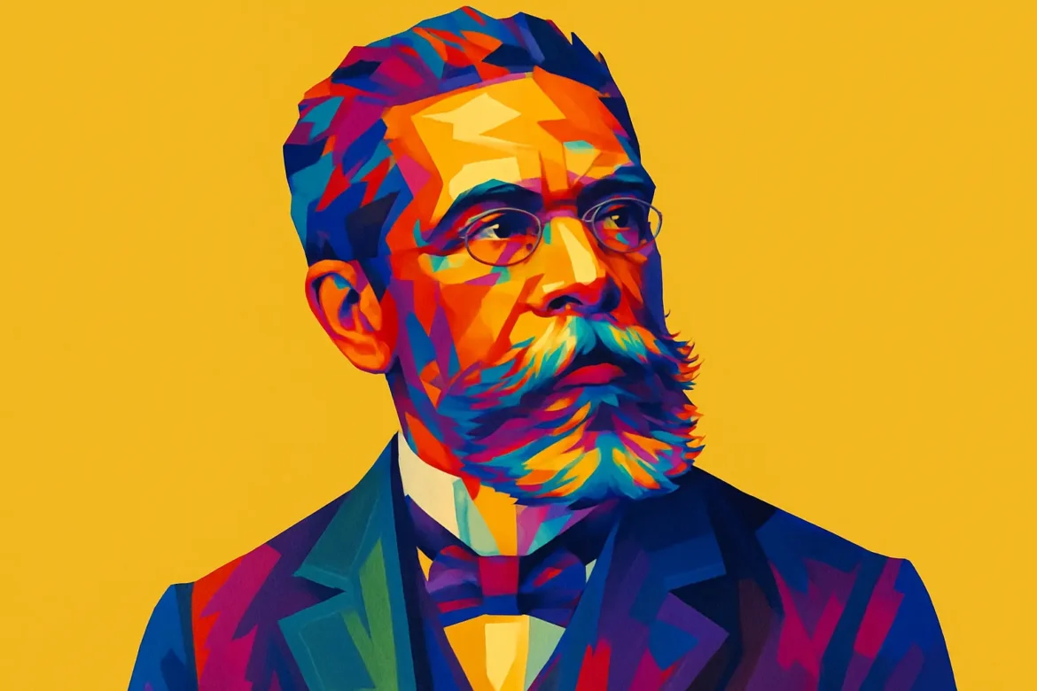 Vivid pop-art style portrait of Machado de Assis (1839–1908), influential Brazilian writer, poet, and literary critic. Known for his sharp wit and masterful use of irony, Machado is considered one of the greatest literary figures in Brazilian literature. His works, such as 'Dom Casmurro' and 'Memórias Póstumas de Brás Cubas,' explore the complexities of the human psyche with elegance, skepticism, and profound social insight.