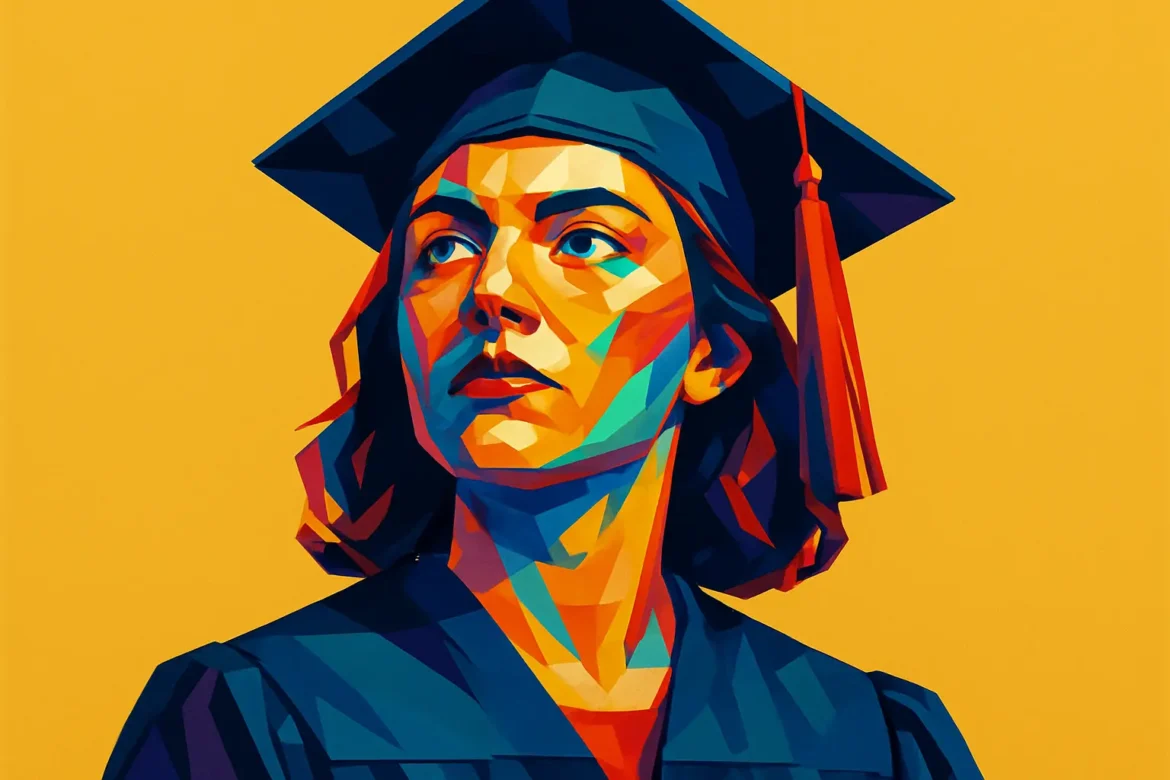 Vibrant and stylized digital artwork of a young woman wearing a graduation cap and gown, set against a bold yellow background. The vivid colors and geometric lines celebrate the spirit of achievement and new beginnings, capturing the emotional and symbolic significance of graduation day.