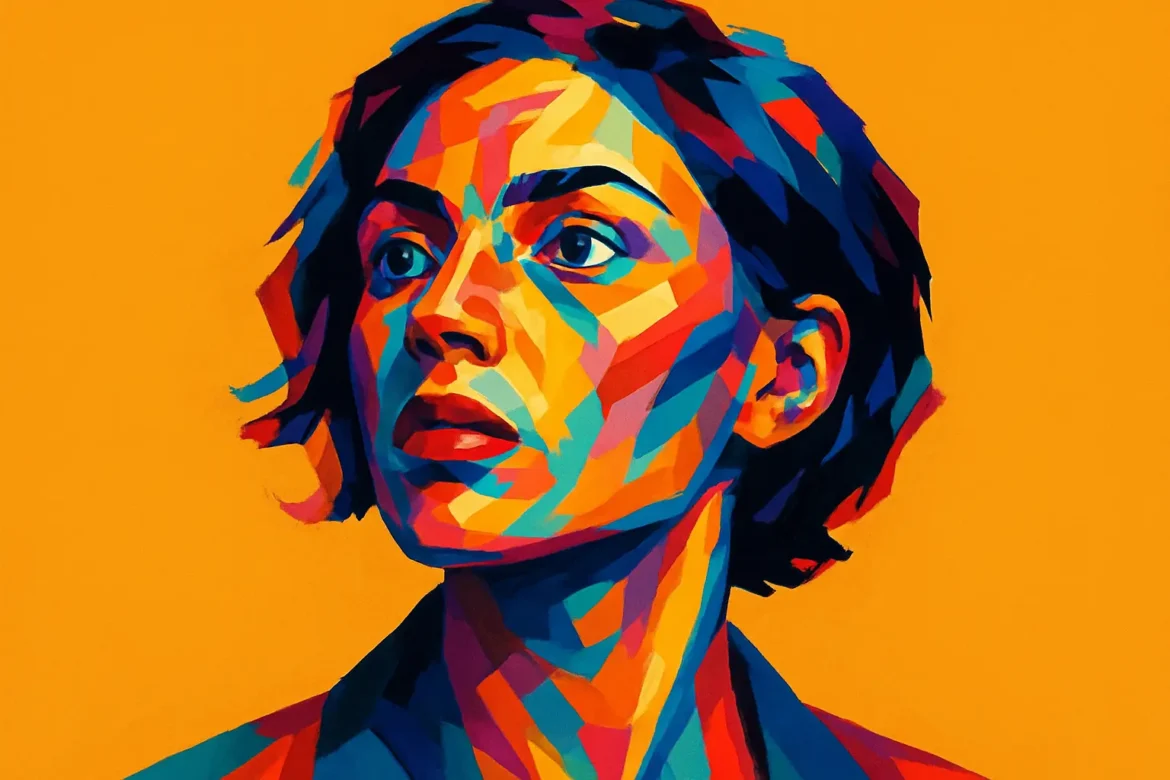 Vivid and geometric portrait of a young woman, rendered in a striking palette of blues, reds, oranges, and purples against a bright orange background. Her determined and contemplative gaze reflects the spirit of environmental stewardship and the forward-thinking mindset essential to sustainability. This image symbolizes the power of individuals, particularly the new generation, to drive change and inspire global ecological responsibility.