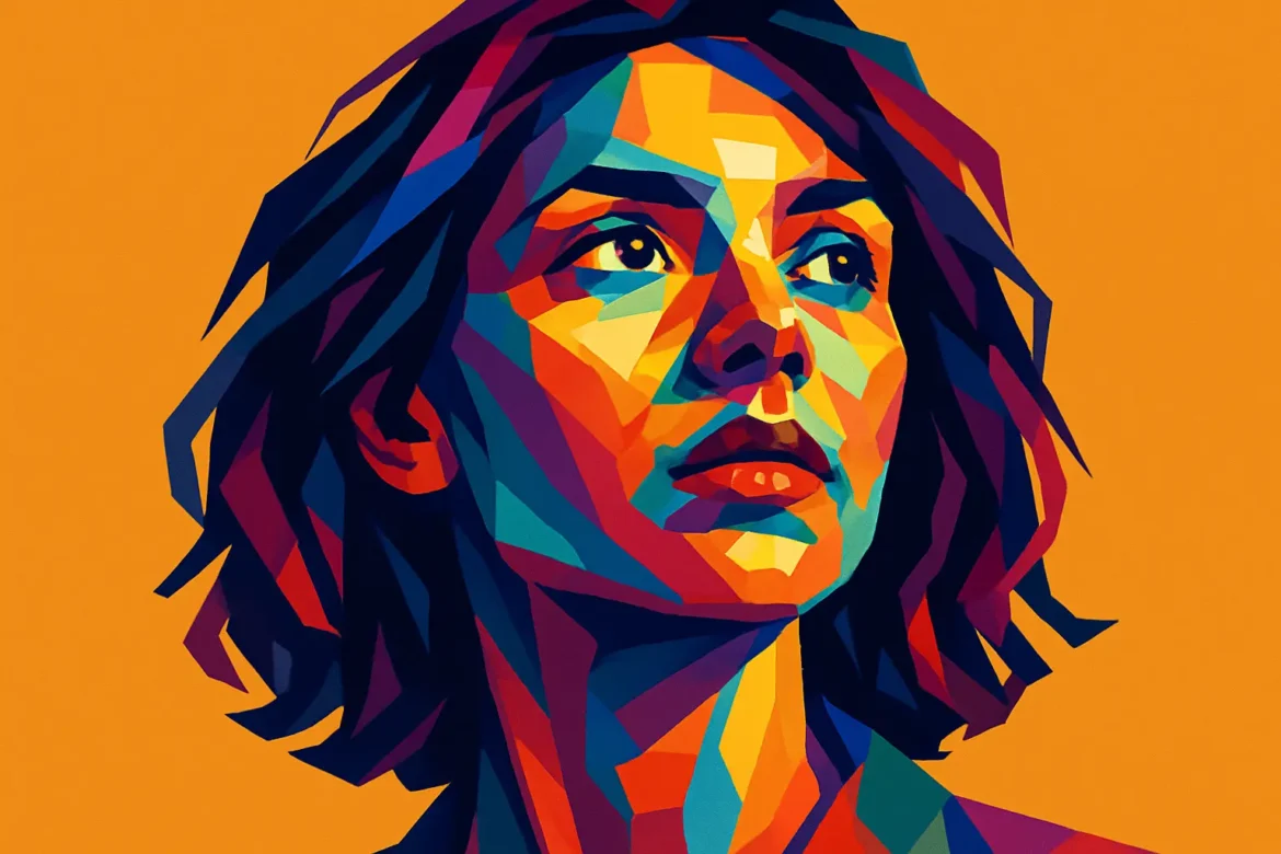 Vivid and dynamic pop art illustration of a confident young woman with short hair, gazing upwards with determination. The vibrant color palette of blues, reds, yellows, and purples contrasts boldly against a solid orange background, evoking themes of individuality, empowerment, and modern expression—a perfect visual metaphor for inspirational quotes and bold personal statements on social media.