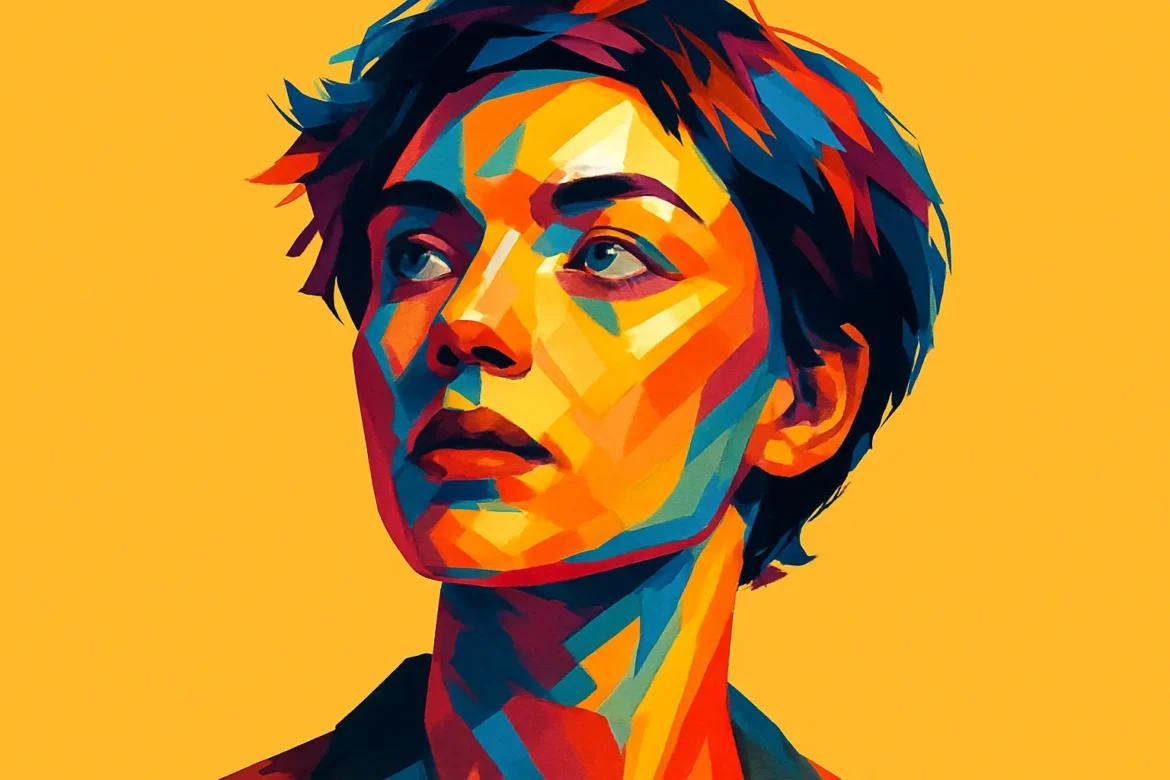 Colorful geometric artwork of a contemplative young person set against a bold yellow background. The expressive use of reds, blues, and oranges embodies introspection and individuality, making this a striking representation of human emotion and thought—perfect inspiration for an Instagram quote post.