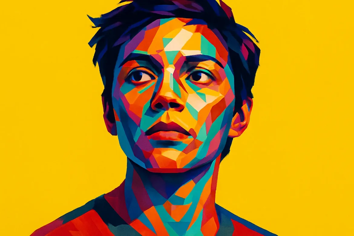 A striking digital artwork featuring a stylized portrait of a person rendered in a geometric, multi-colored design. With a color palette reminiscent of nature’s most vibrant hues–sunset oranges, ocean blues, and forest greens–the composition captures the harmony and contrast found in the natural world. The bright yellow background enhances the subject’s contemplative expression, reflecting a deep connection to the beauty and intricacy of nature.