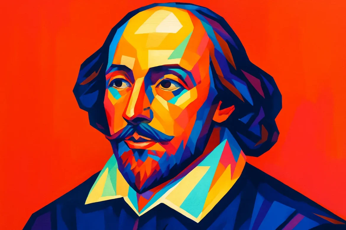 Vibrant and colorful artistic portrait of William Shakespeare, the iconic English playwright and poet known as the Bard of Avon. Renowned for his profound exploration of human emotions, particularly love, Shakespeare's works such as 'Romeo and Juliet,' 'Twelfth Night,' and 'Sonnet 116' continue to inspire readers and artists worldwide. This image captures his enduring legacy and timeless contribution to literature and the arts.