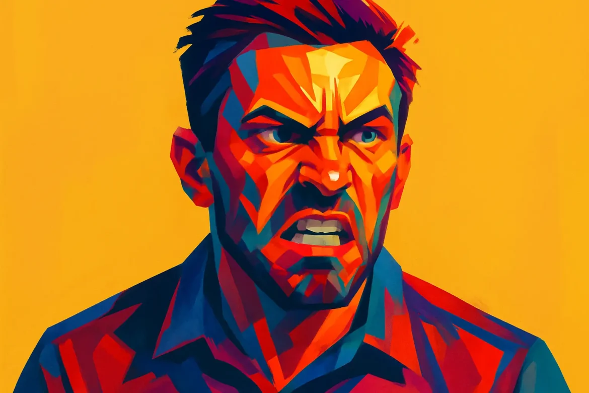 A vibrant, abstract digital painting of an angry man, featuring sharp geometric lines and intense shades of red, orange, and blue against a bold yellow background. The artwork powerfully conveys raw emotion and internal conflict, visually representing the complex nature of anger, in alignment with the theme '30 Quotes on Anger'.