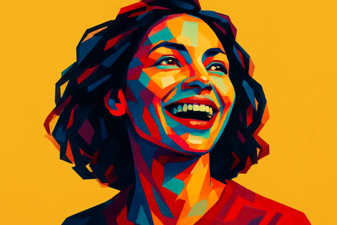 Colorful and expressive digital artwork of a joyful woman, her face painted with bold, geometric patterns in red, blue, and yellow tones. Set against a bright yellow background, her radiant smile and upward gaze capture the essence of exuberant happiness, embodying the spirit of joy in a modern pop-art style.