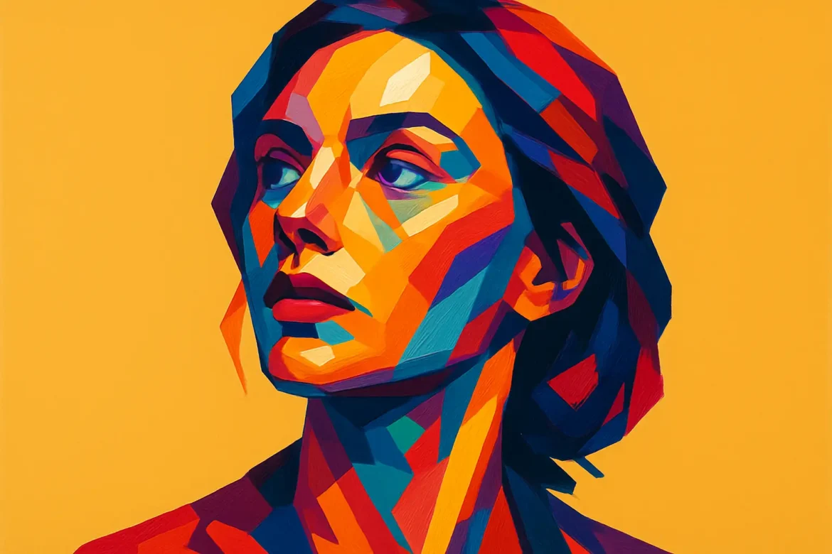 A striking abstract portrait of a woman rendered in vivid geometric shapes and bold colors, set against a bright orange background. The artwork combines elements of cubism and modern pop art, expressing depth, contemplation, and empowerment—an evocative representation fitting for a series celebrating daily inspiration and resilience through 365 quotes.
