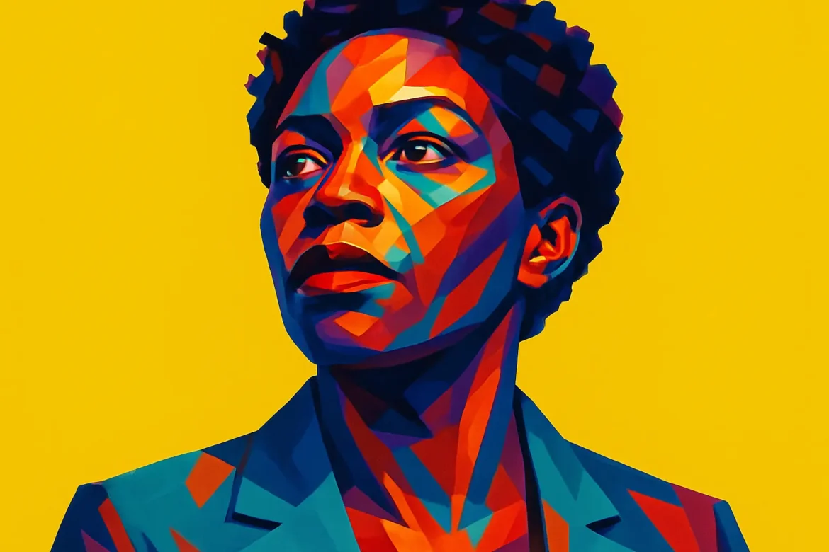 Vivid and stylized digital artwork of a confident Black woman set against a bright yellow background, representing strength, dignity, and the pursuit of justice. The image uses dynamic geometric patterns and bold colors to convey determination, echoing the spirit of justice and the voices behind the 40 powerful quotes on the theme.