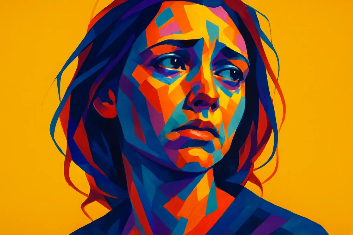 Vivid and emotionally charged digital portrait of a woman rendered in a bold pop art style. Her solemn expression and downcast eyes convey deep sadness, enhanced by the fragmented use of contrasting colors—blues, reds, oranges, and purples—set against a stark yellow background. The image visually explores the theme of sorrow, merging modern artistic expression with universal human emotion.