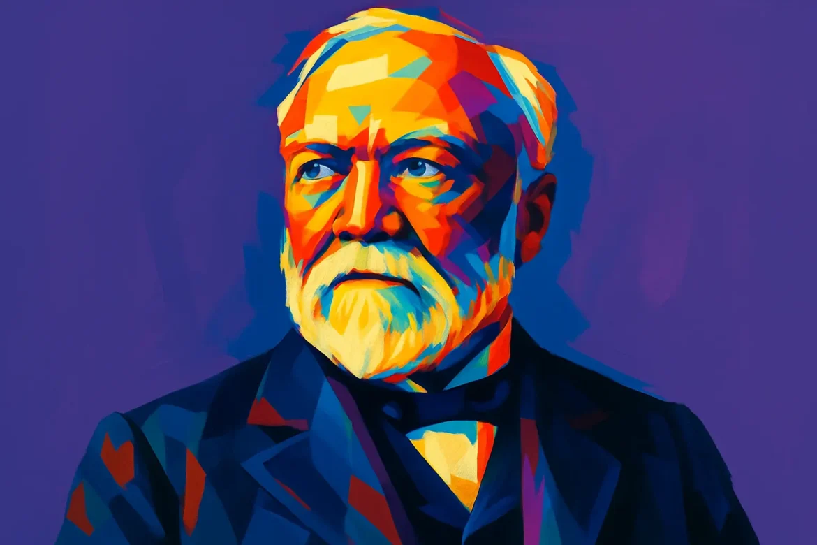 Colorful artistic portrait of Andrew Carnegie (1835–1919), a Scottish-American industrialist who led the expansion of the American steel industry in the late 19th century. One of the richest men of his time, Carnegie later became a prominent philanthropist, donating much of his fortune to education, libraries, and scientific research, emblematic of his belief in the 'Gospel of Wealth'.