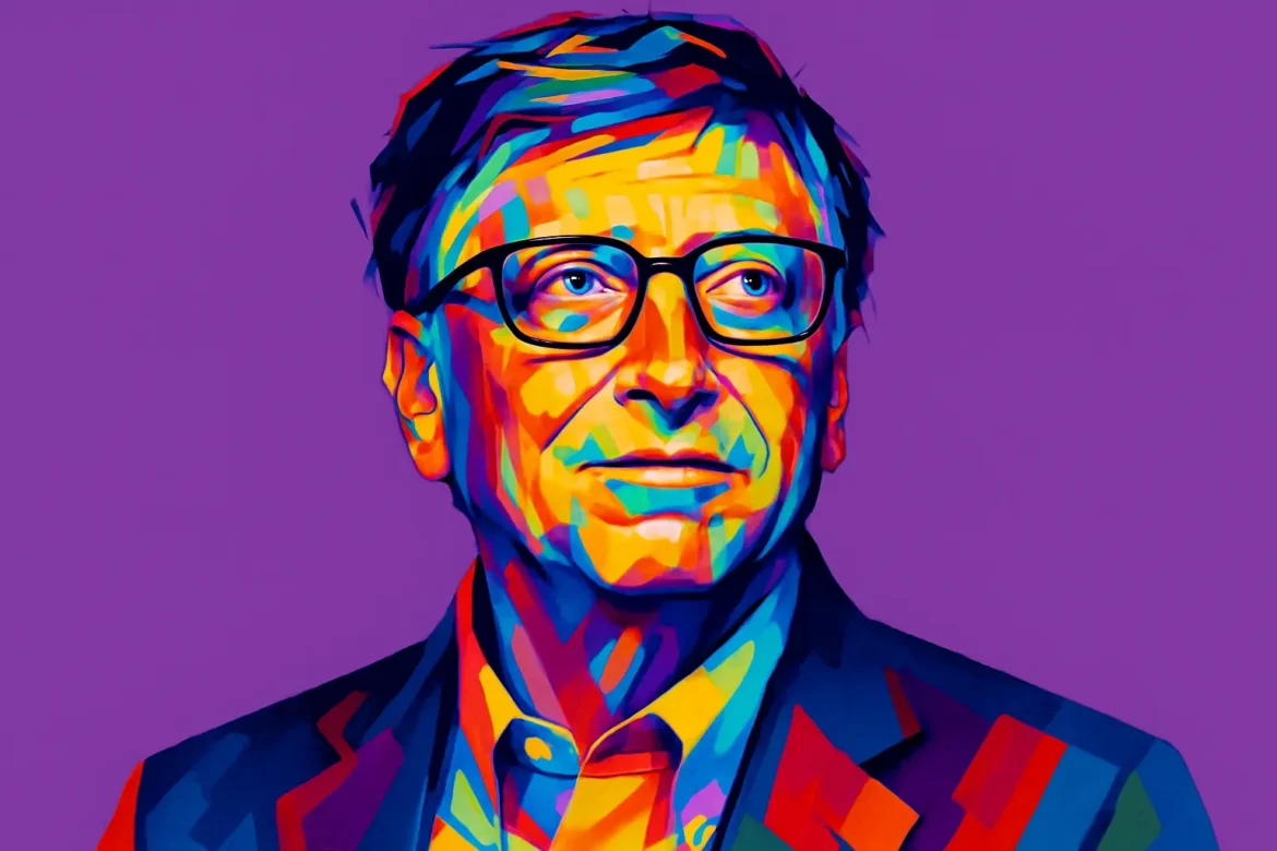 Colorful digital portrait of Bill Gates, renowned technology entrepreneur and philanthropist. Co-founder of Microsoft and a key figure in the personal computing revolution, Gates later turned his focus to global health, education, and poverty reduction through the Bill & Melinda Gates Foundation.