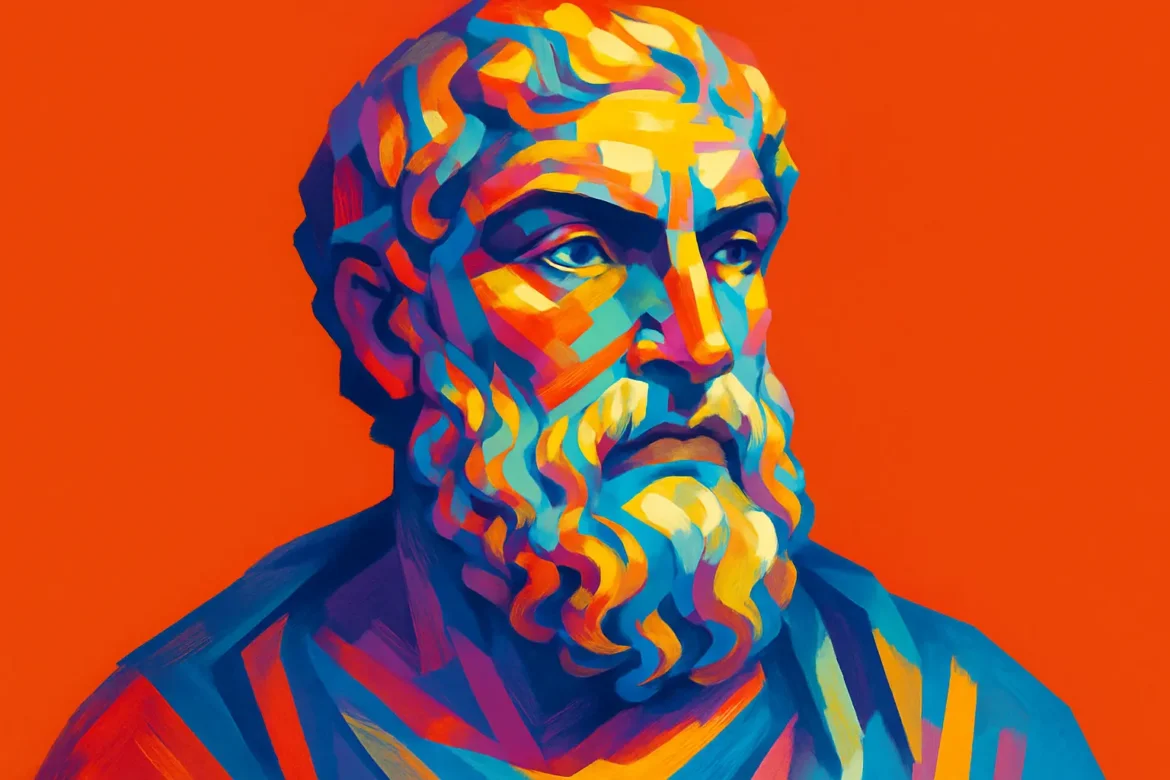 Vivid and stylized artistic portrait of Epicurus (341–270 BCE), the ancient Greek philosopher known for founding Epicureanism. His teachings emphasized the pursuit of happiness through wisdom, friendship, and the absence of pain. Epicurus promoted a life of simple pleasures and intellectual reflection as the path to true fulfillment. Set against a bold orange background, the modern interpretation uses vibrant colors to highlight his lasting impact on Western philosophical thought.