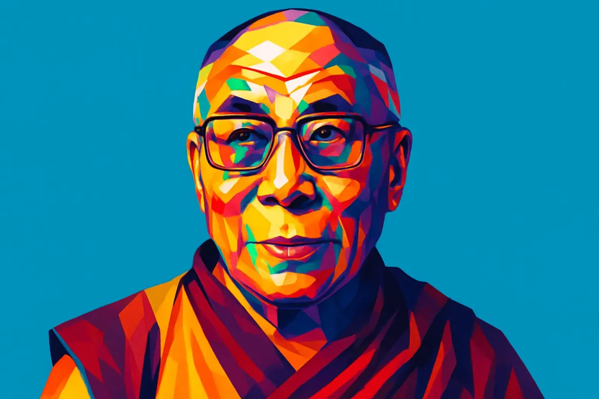 Vivid and colorful artistic portrait of the Dalai Lama, the spiritual leader of Tibetan Buddhism and advocate for peace, compassion, and non-violence. Recognized worldwide for his philosophy of kindness and human values, the Dalai Lama has been a prominent figure in promoting dialogue between religions and a peaceful resolution to the Tibetan conflict. The geometric, pop-art style emphasizes his enduring influence and timeless wisdom.