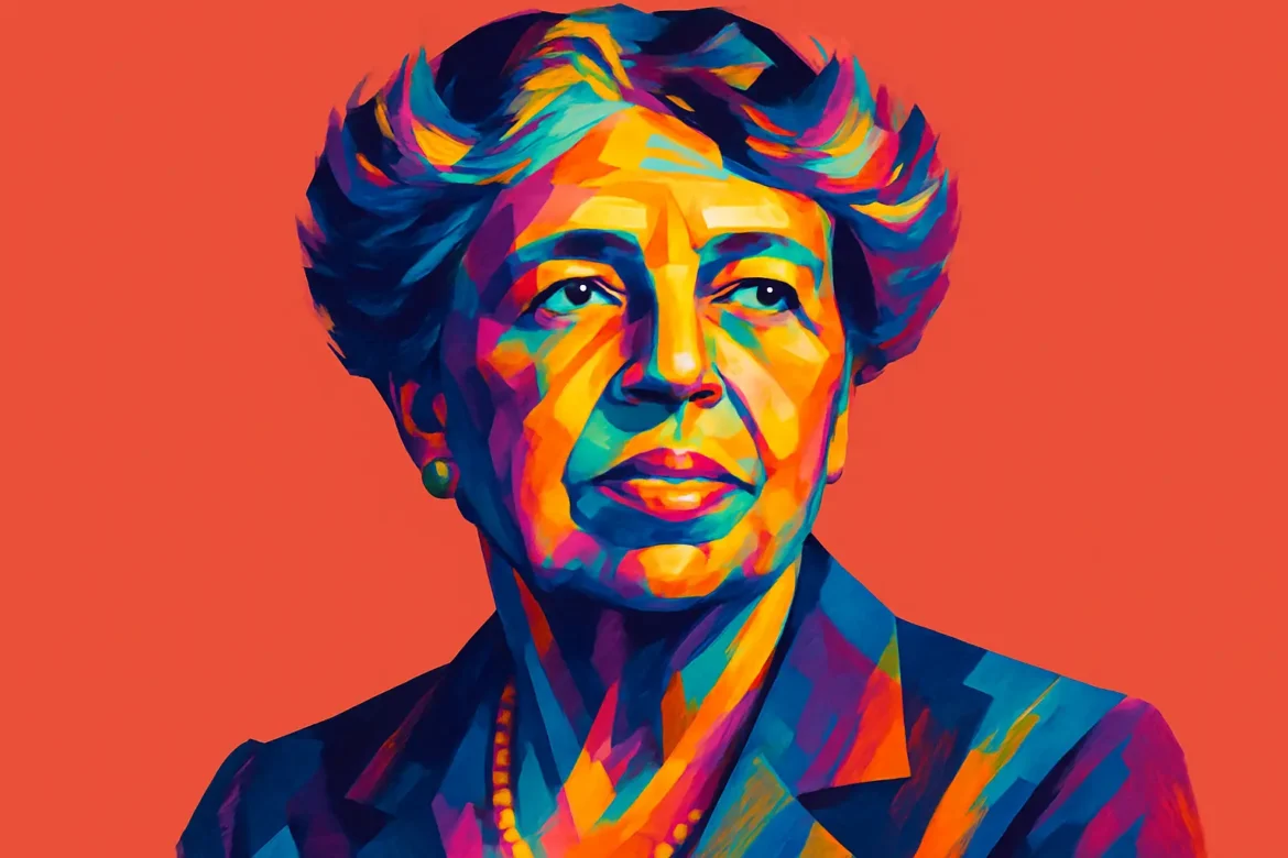 Retrato artístico e estilizado de Eleanor Roosevelt (1884–1962), ex-primeira-dama dos Estados Unidos, diplomata e ativista dos direitos humanos. Conhecida por seu trabalho incansável em prol da justiça social e por seu papel fundamental na redação da Declaração Universal dos Direitos Humanos, sua influência transcendeu o cargo de primeira-dama, tornando-a uma das vozes mais respeitadas do século XX na luta pelos direitos civis.