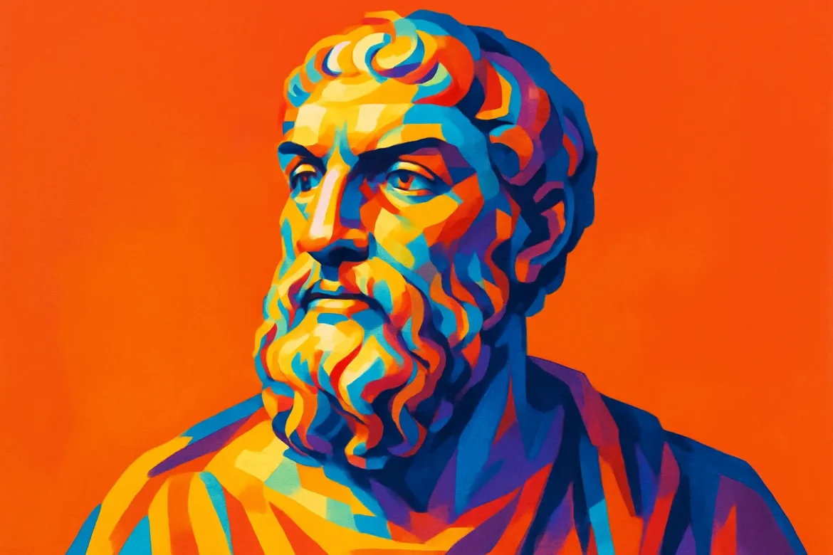 Modern digital illustration of Epicurus, the ancient Greek philosopher known for his teachings on happiness, pleasure, and the pursuit of a tranquil life. Rendered in vivid, geometric colors against a bright orange background, the image captures the timeless influence of his philosophical legacy, particularly the belief that true joy stems from simple pleasures, friendship, and inner peace.