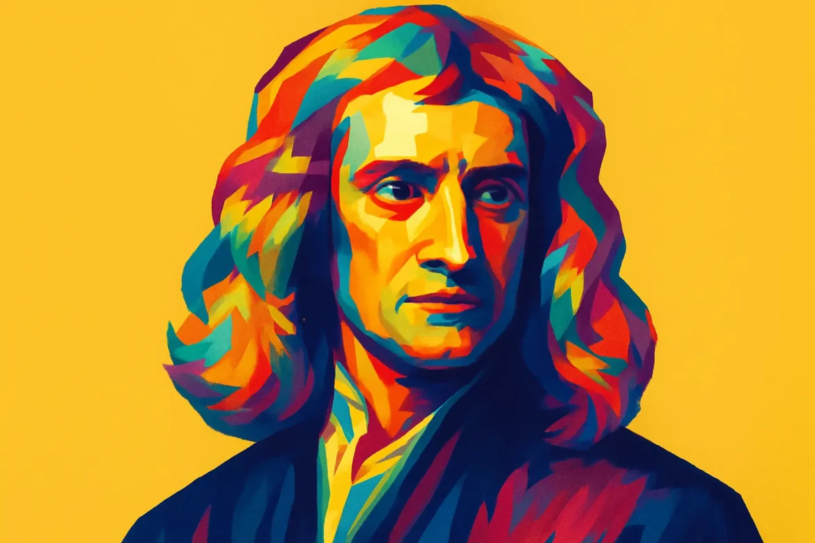 Colorful artistic portrait of Sir Isaac Newton (1643–1727), renowned English physicist, mathematician, and astronomer. Celebrated for his groundbreaking discoveries in gravitation, motion, and optics, Newton's insights laid the foundation for classical mechanics and transformed our understanding of the natural world. This stylized image represents the intellectual brilliance behind his most famous reflections on science and discovery.