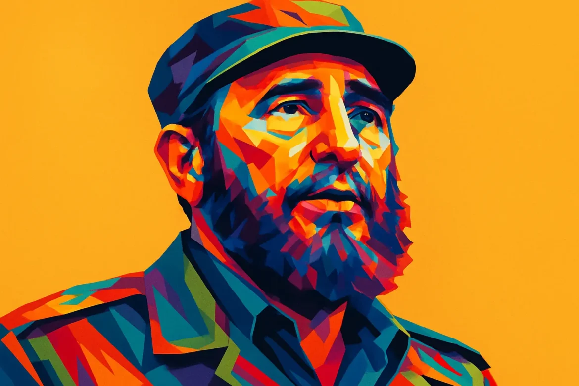 Colorful artistic portrait of Fidel Castro (1926–2016), the Cuban revolutionary and political leader who governed Cuba as Prime Minister from 1959 to 1976 and as President from 1976 to 2008. Known for leading the Cuban Revolution, Castro established the first communist state in the Western Hemisphere and remained a prominent figure in global geopolitics for over five decades.