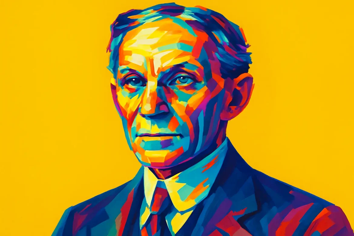 Colorful artistic portrait of Henry Ford (1863 – 1947), the American industrialist and founder of the Ford Motor Company. Known for revolutionizing the automotive industry by introducing the assembly line in manufacturing, Ford made cars affordable for the average American, transforming transportation and modern industry. His innovations not only boosted productivity but also shaped 20th-century economic and labor systems.