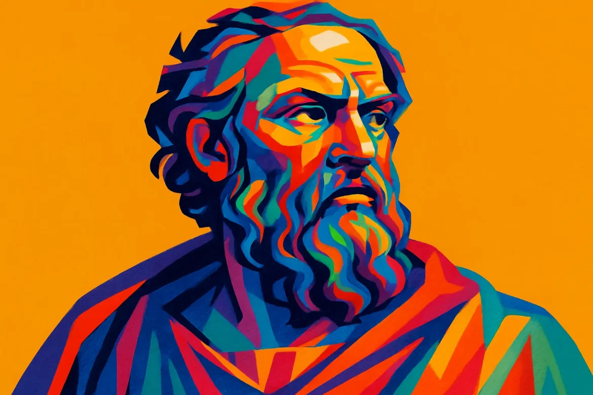 Colorful artistic portrait of Heraclitus (c. 535 – c. 475 BCE), the pre-Socratic Greek philosopher known for his doctrine of change as central to the universe, famously summarized in the phrase 'No man ever steps in the same river twice.' Heraclitus emphasized the constant flux of reality and the unity of opposites, laying foundational concepts for later philosophical thought. The vibrant, abstract style of the artwork reflects the dynamic nature of his philosophy.