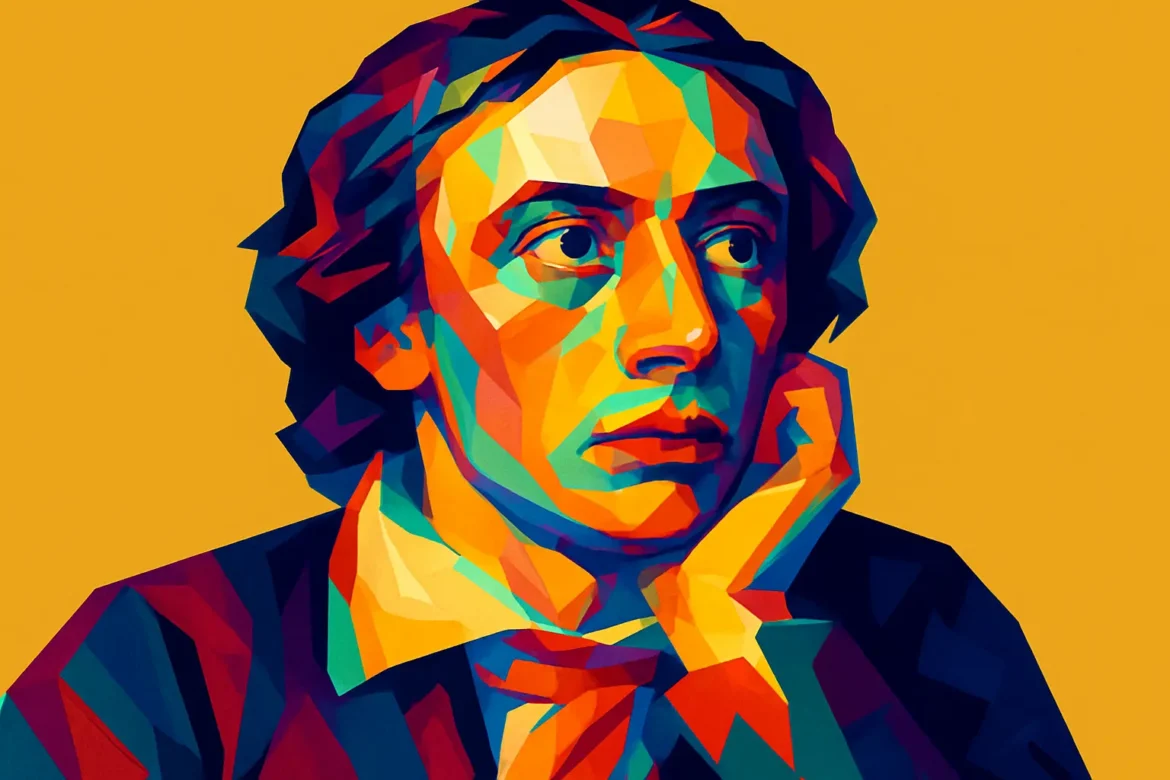 Vibrant, stylized portrait of John Keats (1795–1821), one of the most acclaimed English Romantic poets. Known for his vivid imagery and meditative odes, such as 'Ode to a Nightingale' and 'Ode on a Grecian Urn,' Keats explored themes of beauty, mortality, and the imagination. Despite his short life, his lyrical legacy profoundly shaped English poetry.